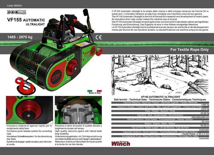 VF155 Automatic Ultralight con fune tessile Dy-Forest ad alte prestazioni - Docma Made in Italy.